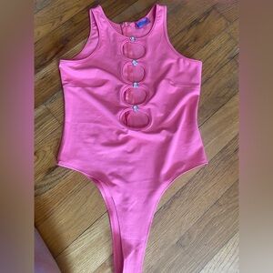 EDIKTED Pink Cutout Strapless Bodysuit with Heart Gemstones, NWT, Medium